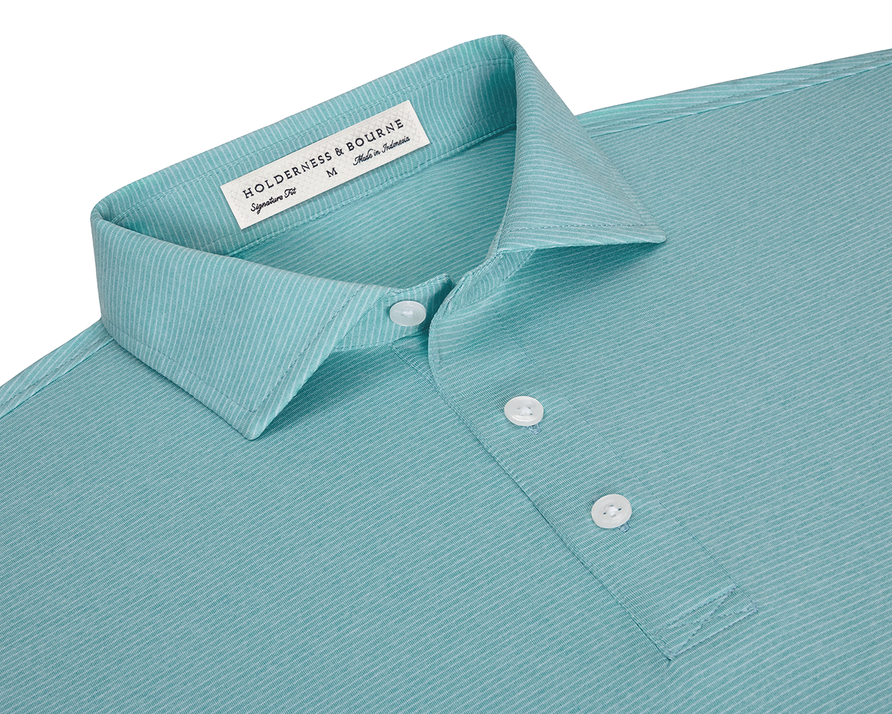 The Holland Shirt: Heathered Harbor features a classic point collar, three-button placket, and fine horizontal stripes, exuding sophistication and comfort.