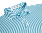 The Maxwell Shirt: Harbor & White, featuring narrow turquoise-and-white stripes, classic collar, and three-button placket, designed for comfort with moisture-wicking performance pique.