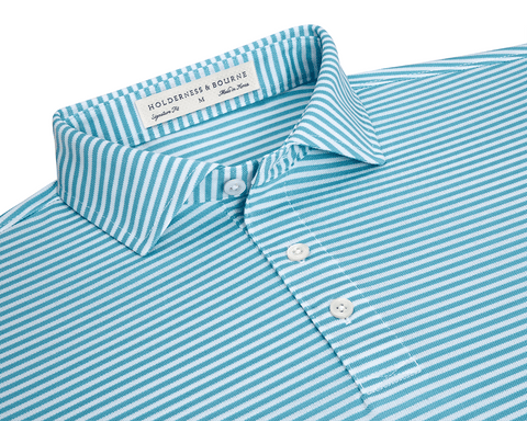 The Maxwell Shirt: Harbor & White, featuring narrow turquoise-and-white stripes, classic collar, and three-button placket, designed for comfort with moisture-wicking performance pique.