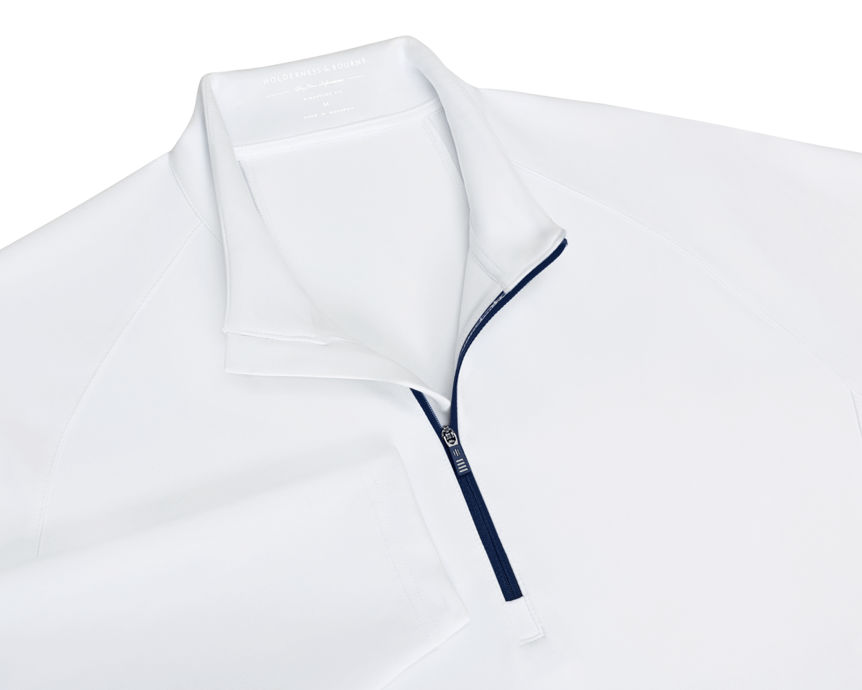 The Rodgers Quarter-Zip: White, featuring a navy-blue zipper, stand-up collar, and low-profile side pockets, ideal for golf with UPF 50+ protection.
