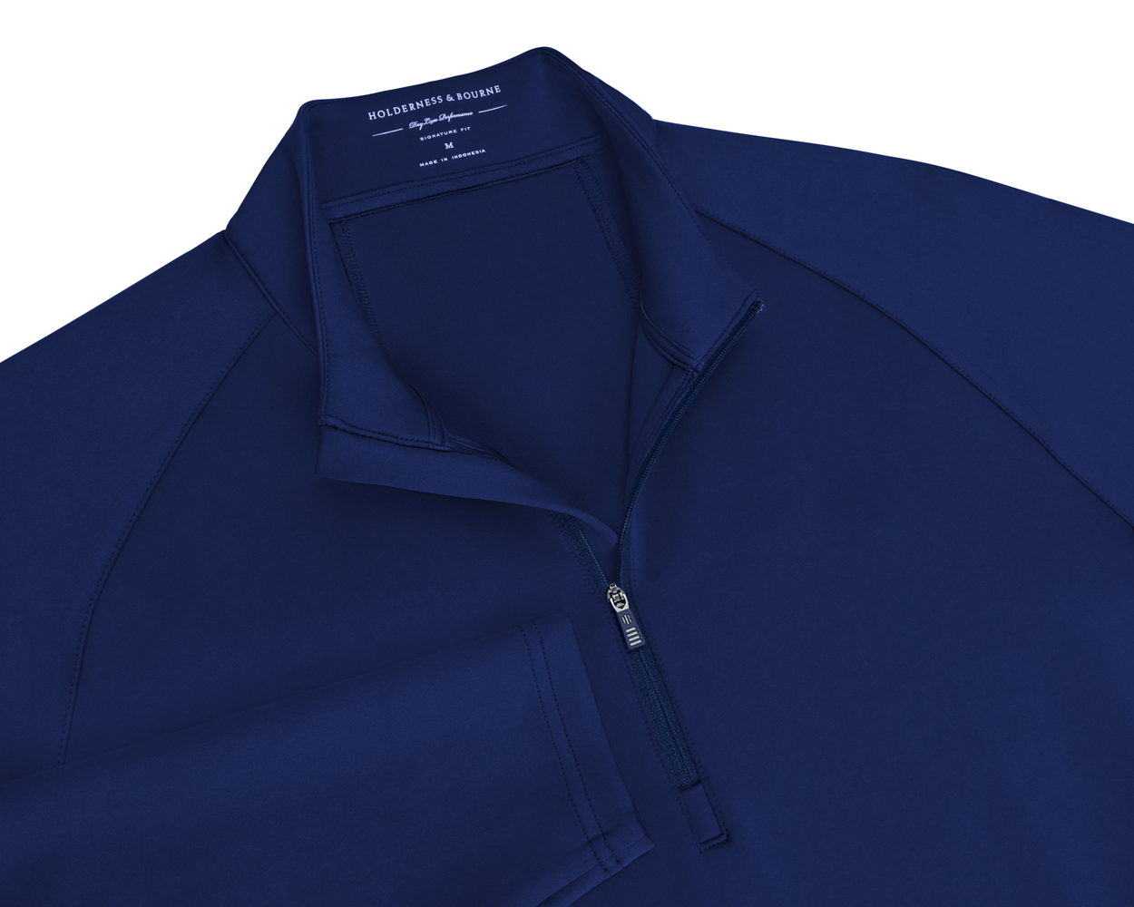 The Rodgers Quarter-Zip: Navy, a long-sleeve athletic top with a quarter-zip design, Signature Fit label visible inside collar, low-profile side pockets.
