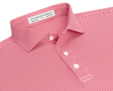The Perkins Shirt: Liberty Red & White, featuring fine horizontal stripes, a classic collar, three-button placket, and white stitching, offers style and performance.