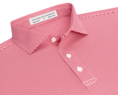 The Perkins Shirt: Liberty Red & White, featuring fine horizontal stripes, a classic collar, three-button placket, and white stitching, offers style and performance.