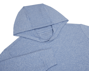 The Hamilton Hoodie in Heathered Maidstone Blue & White features a long-sleeve design, heathered stripe pattern, and a hood, showcasing comfort with UPF 50+ protection.