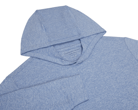 The Hamilton Hoodie in Heathered Maidstone Blue & White features a long-sleeve design, heathered stripe pattern, and a hood, showcasing comfort with UPF 50+ protection.