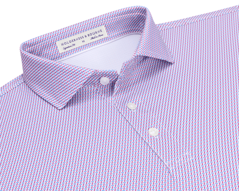 The Norman Shirt: Cabernet & Horizon Blue features a geometric pattern, button-down front, spread collar, and Holderness & Bourne label, made for comfort and performance.