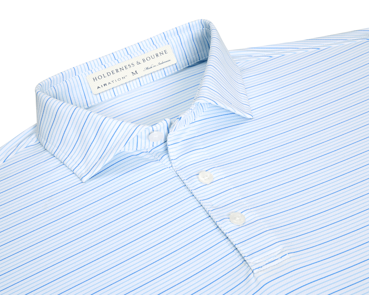 The Stanley Shirt in light-blue stripes, features a three-button placket and structured collar. Made from breathable AIRATION® fabric with micro perforations for enhanced comfort.