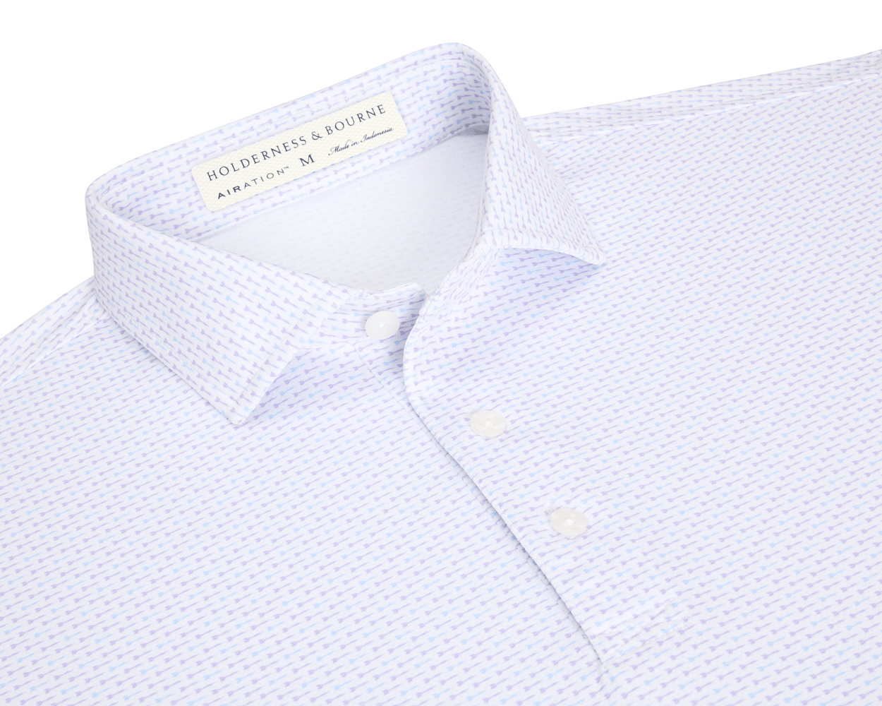 The Cadogan Shirt: Tudor & Vista Blue, a men's white polo with lavender micro-pattern, three buttons, and breathable AIRATION® fabric for cooling comfort.