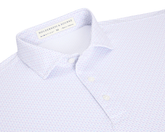 The Cadogan Shirt: Tudor & Vista Blue, a men's white polo with lavender micro-pattern, three buttons, and breathable AIRATION® fabric for cooling comfort.
