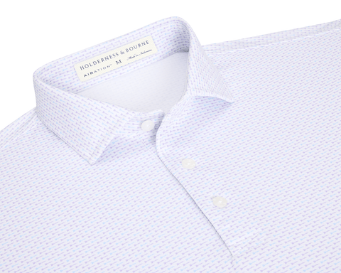 The Cadogan Shirt: Tudor & Vista Blue, a men's white polo with lavender micro-pattern, three buttons, and breathable AIRATION® fabric for cooling comfort.