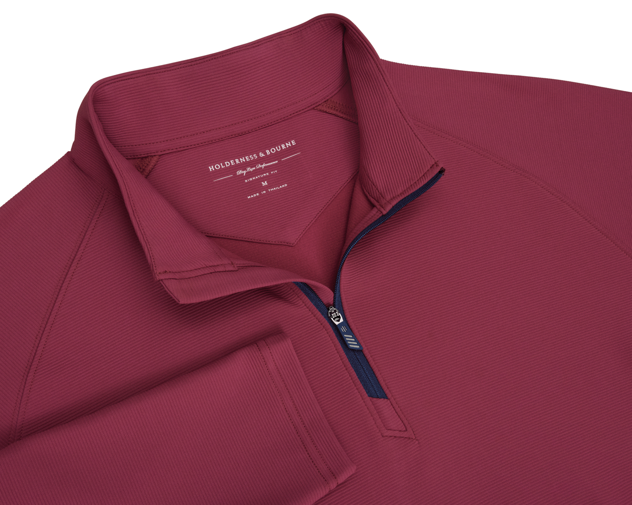 The Stuart Quarter-Zip: Cabernet features a ribbed knit texture, stand-up collar, and navy zipper, showcasing a refined, lightweight design by Holderness & Bourne.