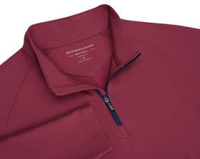 The Stuart Quarter-Zip: Cabernet features a ribbed knit texture, stand-up collar, and navy zipper, showcasing a refined, lightweight design by Holderness & Bourne.
