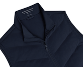The Benton Vest: Navy features a sleeveless quilt-style design with a full-length front zipper and stand-up collar, showcasing “HOLDERNESS & BOURNE” branding inside.