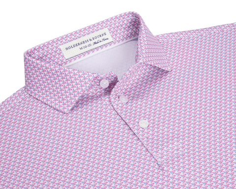 The Justice Boys Shirt: Horizon Blue & Cabernet, featuring a pink geometric eagle pattern, classic point collar, and three-button placket, made from performance fabric for comfort and sun protection.