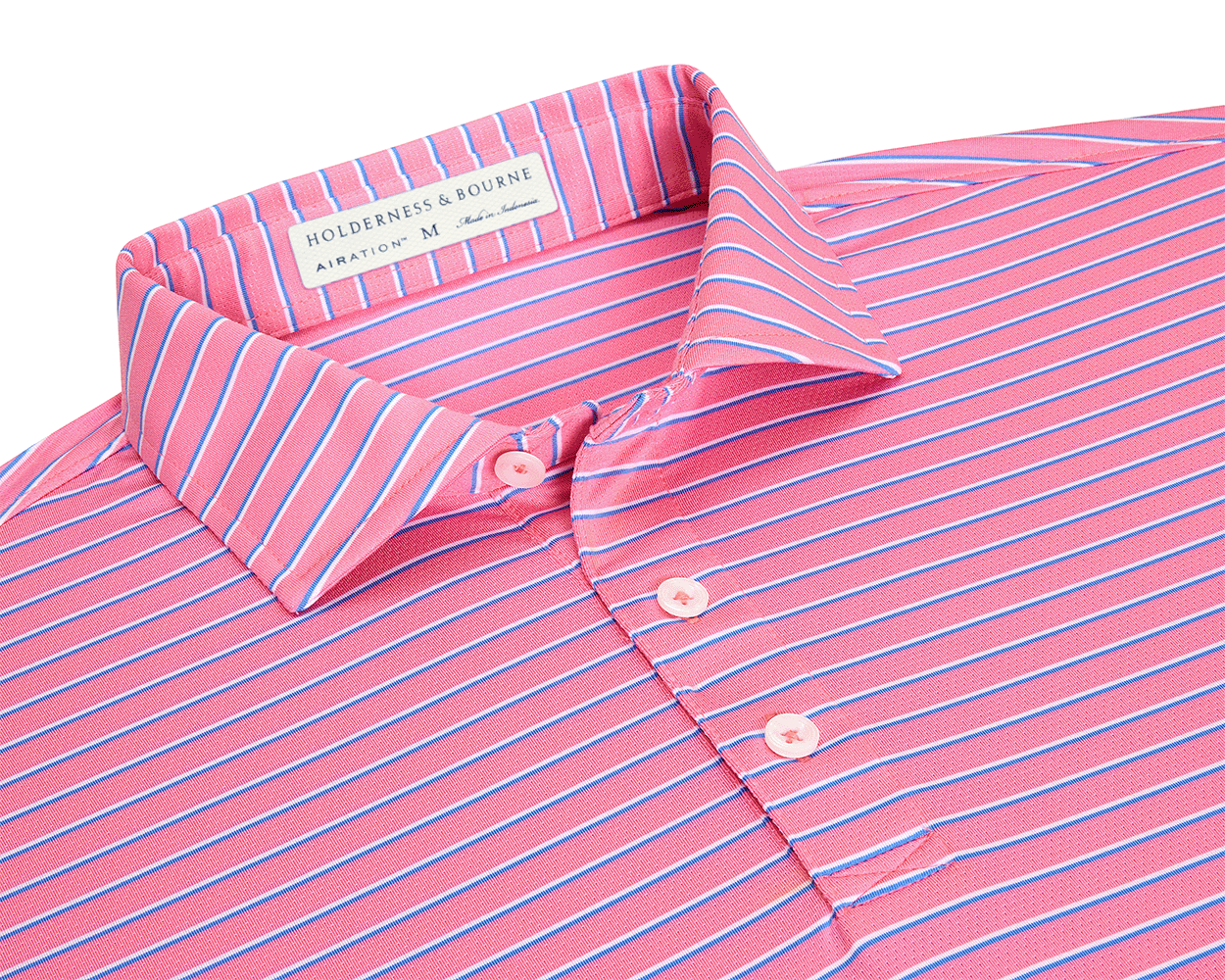 The Springer Shirt: Belmont/White/Horizon Blue, featuring a pink polo with thin stripes, a structured spread collar, three-button placket, and visible brand label inside.