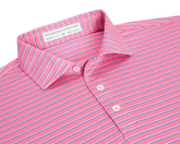 The Springer Shirt: Belmont/White/Horizon Blue, featuring a pink polo with thin stripes, a structured spread collar, three-button placket, and visible brand label inside.