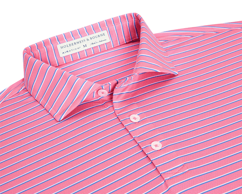 The Springer Shirt: Belmont/White/Horizon Blue, featuring a pink polo with thin stripes, a structured spread collar, three-button placket, and visible brand label inside.