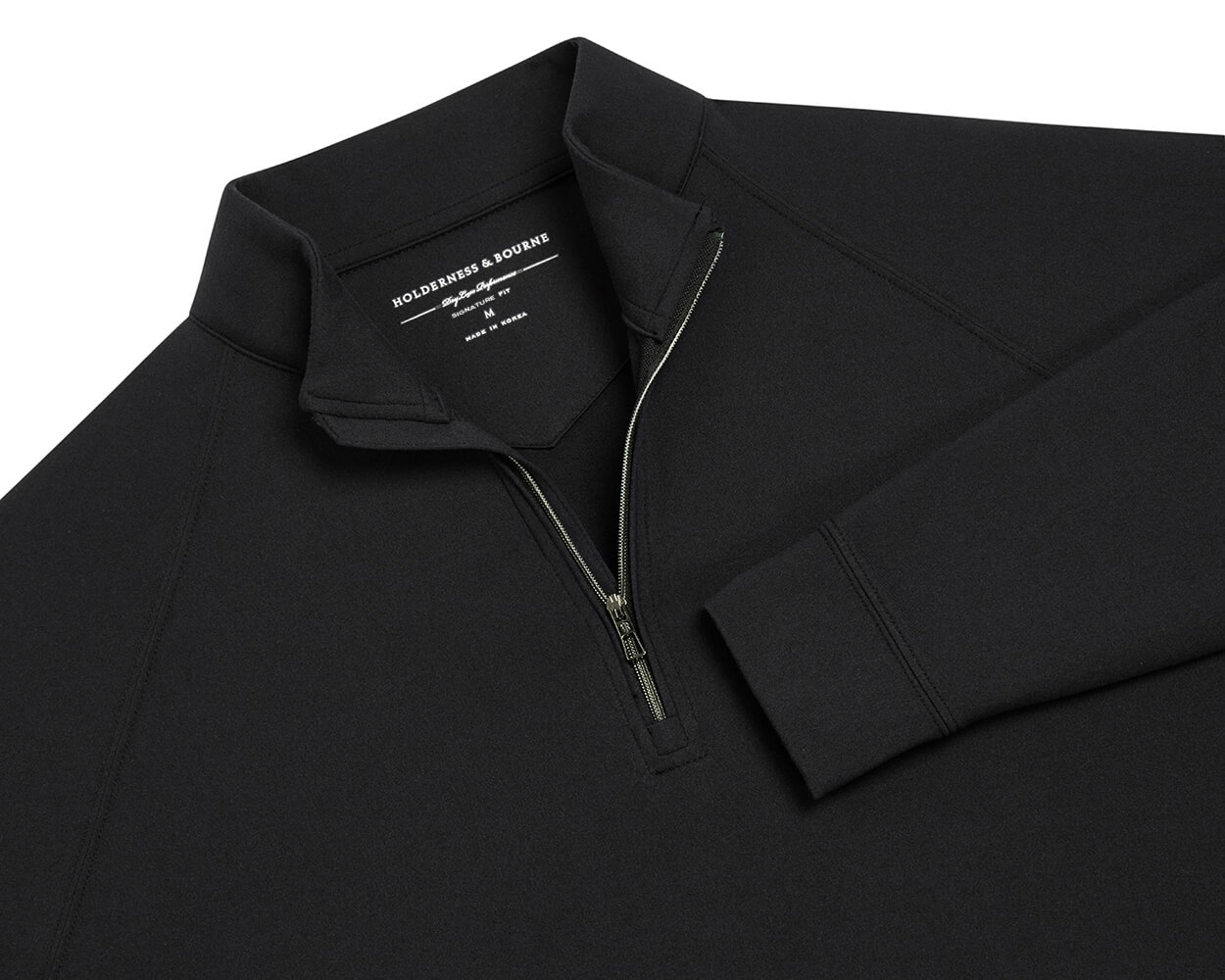 The Westland Quarter-Zip: Black, features a black long-sleeve design with a stand-up collar and quarter-zip, showcasing Holderness & Bourne's signature fit label.