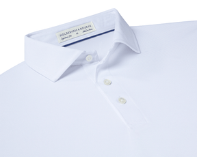 The Macdonald Shirt: White, featuring a classic point collar, three-button placket, and fine pique knit texture, embodies breathable comfort and modern style.