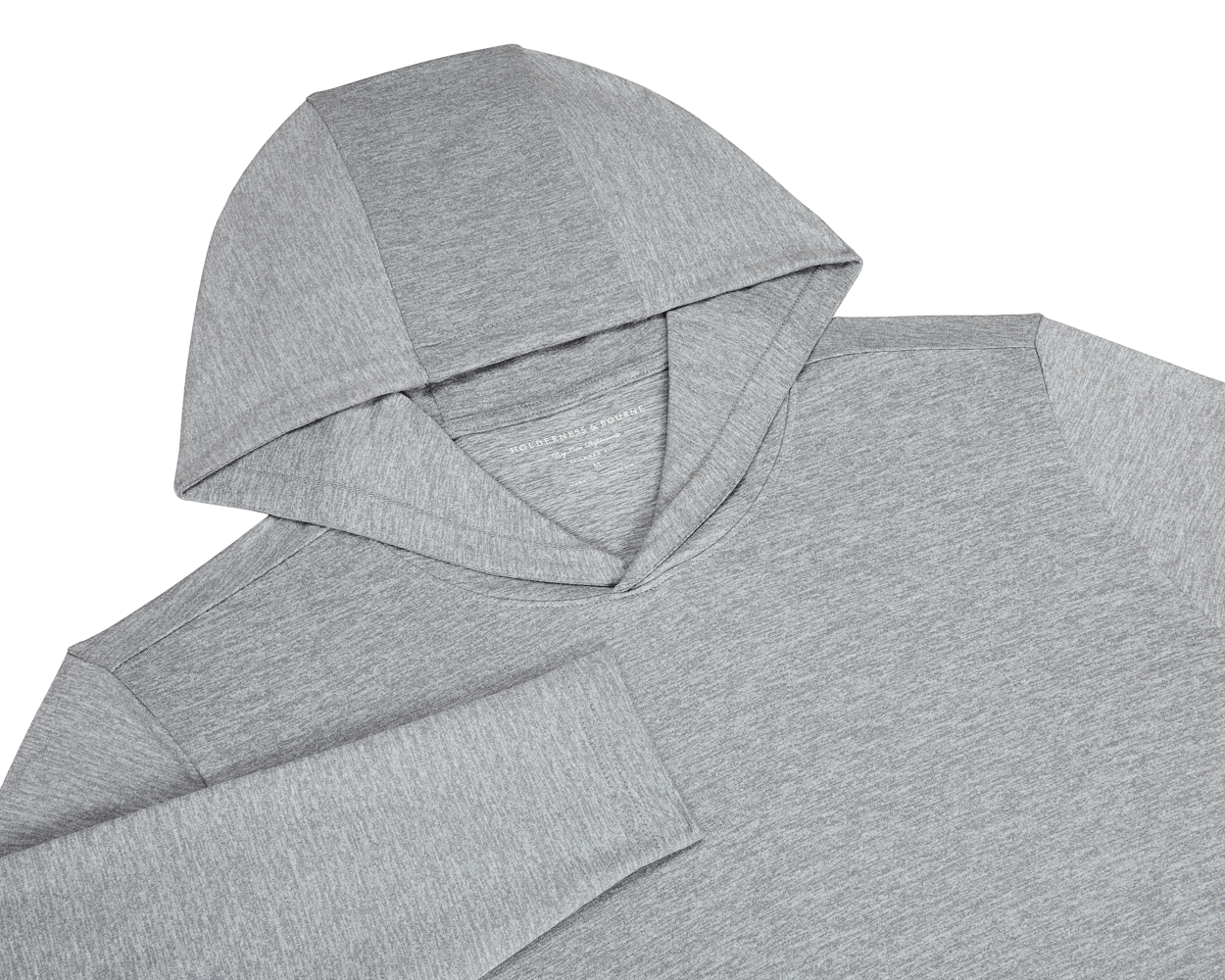 The Stowe Hoodie: Heathered Gray, showing a soft, knit texture with a V-insert neckline, long sleeves, and athletic drop-tail hem, ideal for layering.