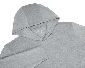 The Stowe Hoodie: Heathered Gray, showing a soft, knit texture with a V-insert neckline, long sleeves, and athletic drop-tail hem, ideal for layering.