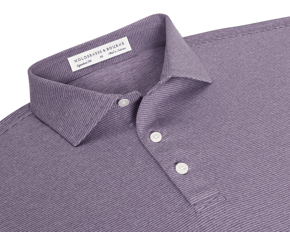 Collar and placket detail of The Holland Shirt: Heathered Sonoma, showing the fine heathered stripes, spread collar, three buttons, and Signature Fit label.