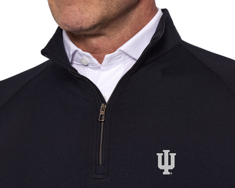 Close-up of a model wearing the Indiana University Westland Quarter-Zip: Black, showing the zipper, white collar underneath, and embroidered IU logo.