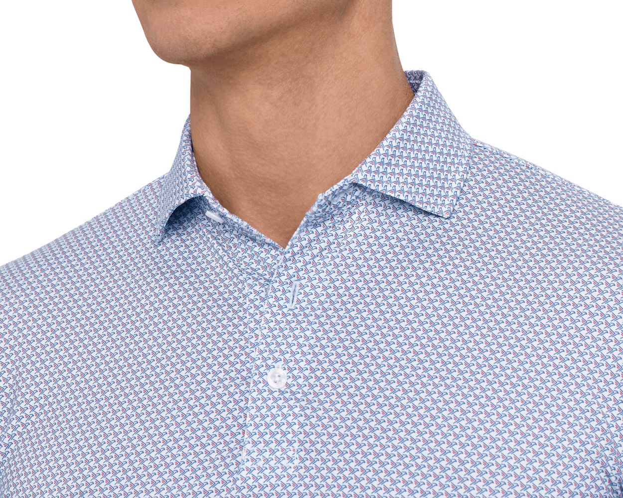 Close-up of a model wearing The Justice Shirt: Napa & Pacific Blue, showing the spread collar, white button, and blue and red print at the neckline.