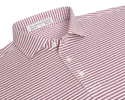 The Maxwell Shirt: Heathered Napa & White flat-lay detail showing its striped spread collar, three-button placket, and Holderness & Bourne Signature Fit label.