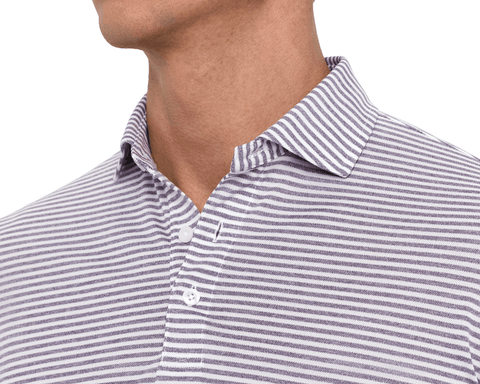 Close-up of a model wearing The Maxwell Shirt: Heathered Sonoma & White, showing the structured spread collar, button placket, and fine horizontal stripes.