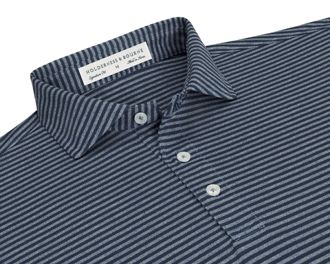 The Maxwell Shirt: Navy & Heathered Pacific Blue flat-lay detail showing its tight stripes, spread collar, and Holderness & Bourne Signature Fit label.