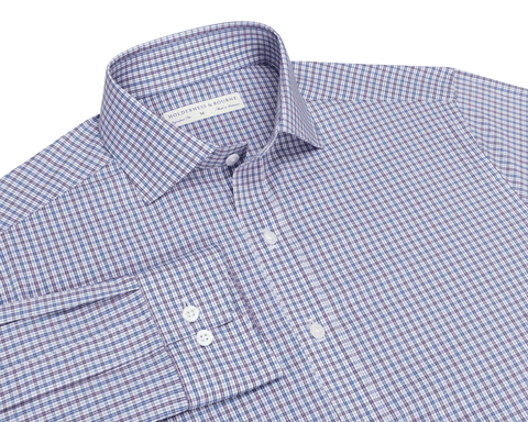 The Mendenhall Shirt: Sonoma & Pacific Blue flat-lay showing its two-color plaid, cutaway collar with brand label, button cuffs, and front placket.
