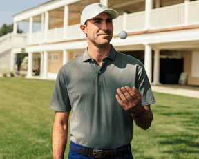 Man in golf attire wearing The Neville Shirt: Ivy, a soft, durable polo, tosses a ball in front of a clubhouse setting.