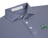 Close-up of University of Notre Dame Perkins Shirt: Navy & White showing the fine pinstripe spread collar, white buttons, and embroidered leprechaun logo.