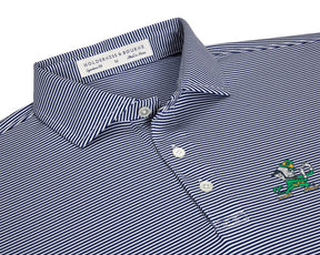 Close-up of University of Notre Dame Perkins Shirt: Navy & White showing the fine pinstripe spread collar, white buttons, and embroidered leprechaun logo.