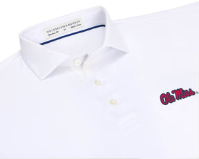 Close-up of University of Mississippi Anderson Shirt: White showing the spread collar, three buttons, navy collar piping, and red Ole Miss script embroidery.