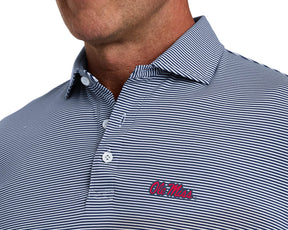 Detail of University of Mississippi Perkins Shirt: Navy & White on a model, showing the narrow stripes, placket buttons, and red Ole Miss script embroidery.