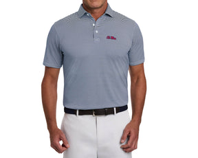 Model wearing University of Mississippi Perkins Shirt: Navy & White with a fine stripe pattern, Ole Miss script, a dark belt, and light gray pants.