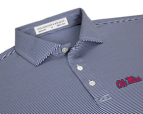 Close-up of University of Mississippi Perkins Shirt: Navy & White showing the narrow-stripe collar, pearl buttons, and red Ole Miss script embroidery.