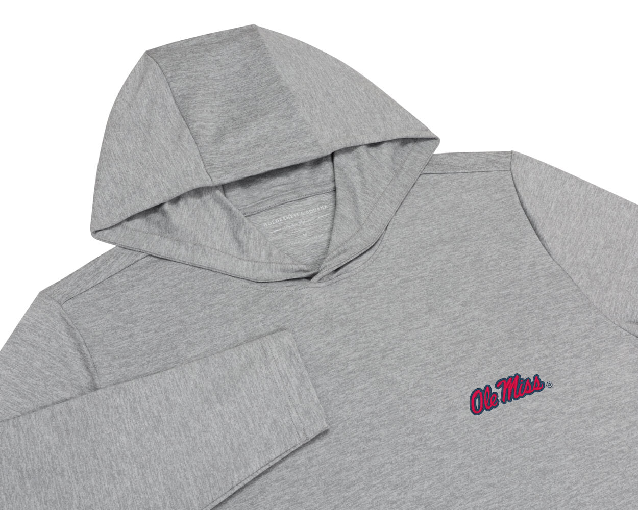 University of Mississippi Stowe Hoodie: Heathered Gray flat-lay showing its hood, long sleeves, and red Ole Miss script embroidered on the left chest.