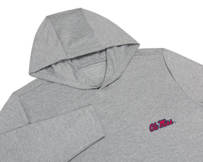 University of Mississippi Stowe Hoodie: Heathered Gray flat-lay showing its hood, long sleeves, and red Ole Miss script embroidered on the left chest.
