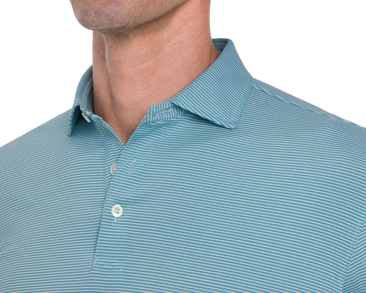 Man wearing The Burke Shirt: Harbor & White, featuring a structured spread collar and button placket, offering UPF 50+ protection and advanced moisture-wicking.