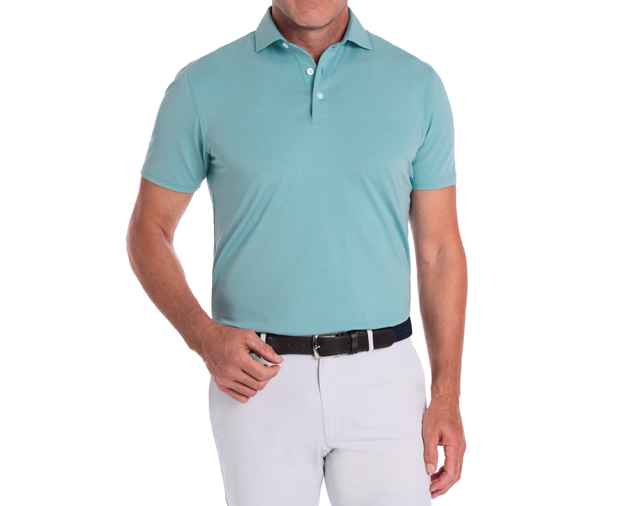 The Holland Shirt: Heathered Harbor, featuring heathered stripes, a structured collar, and silver-buckled belt, tucked into light-gray pants for a polished look.
