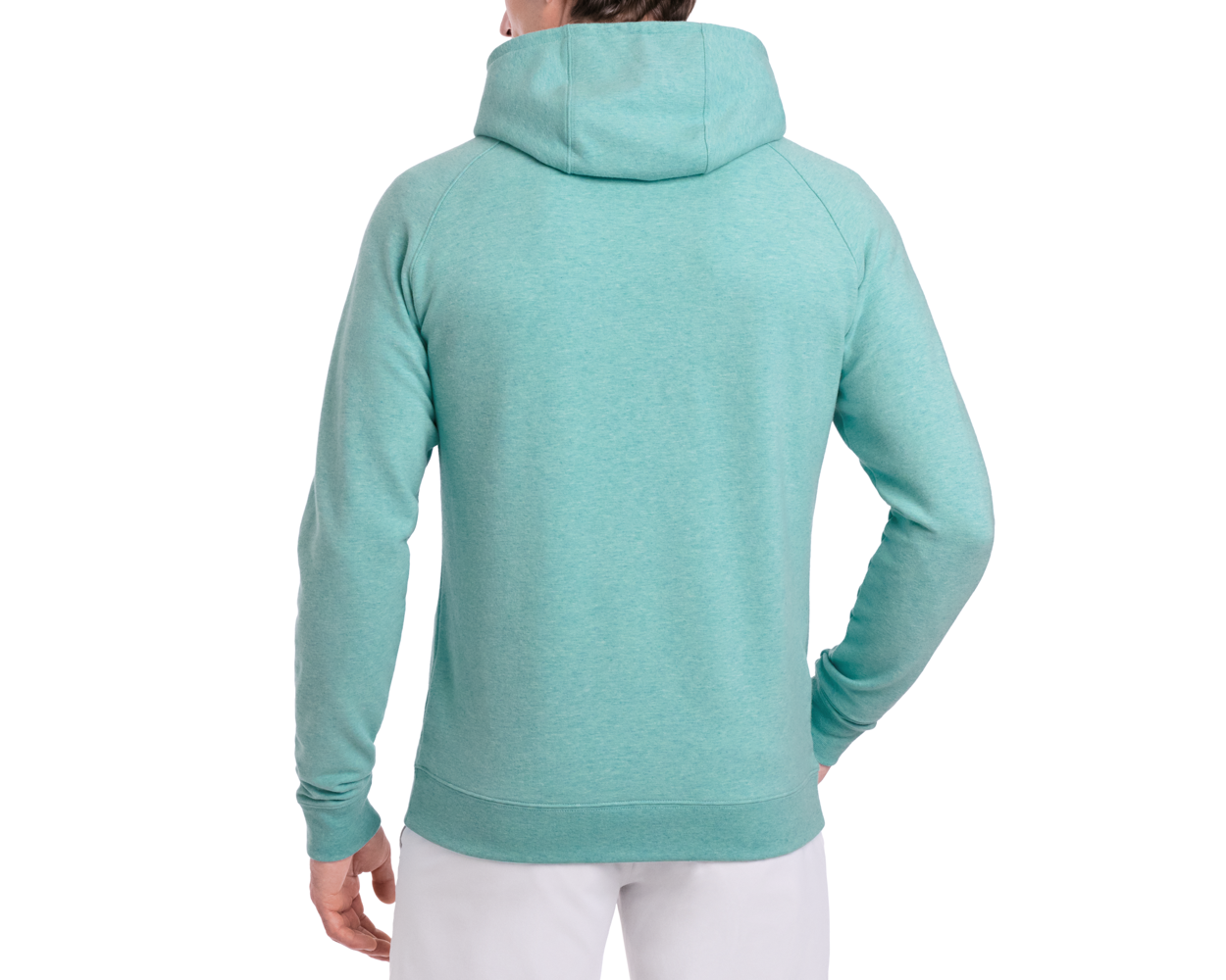 Back view of a person wearing The Lawson Hoodie: Heathered Harbor, showcasing its hooded design and comfortable fit, ideal for versatile, everyday warmth.