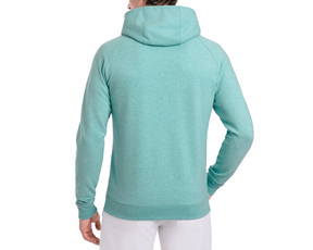 Back view of a person wearing The Lawson Hoodie: Heathered Harbor, showcasing its hooded design and comfortable fit, ideal for versatile, everyday warmth.