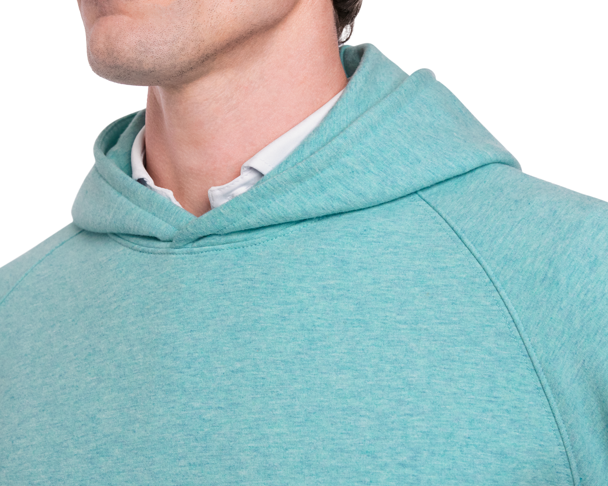 The Lawson Hoodie: Heathered Harbor, worn over a white collared shirt, showcases its hooded, drawstring-free design, offering warmth and comfort for versatile wear.