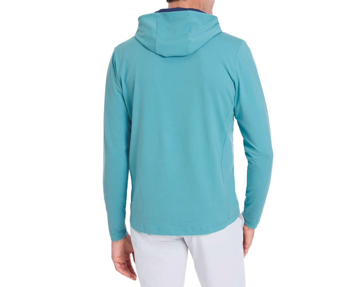 Back view of a man wearing The Jackson Hoodie: Harbor, a streamlined, hooded athletic top designed for golfing, showcasing its smooth, stretchy fabric.