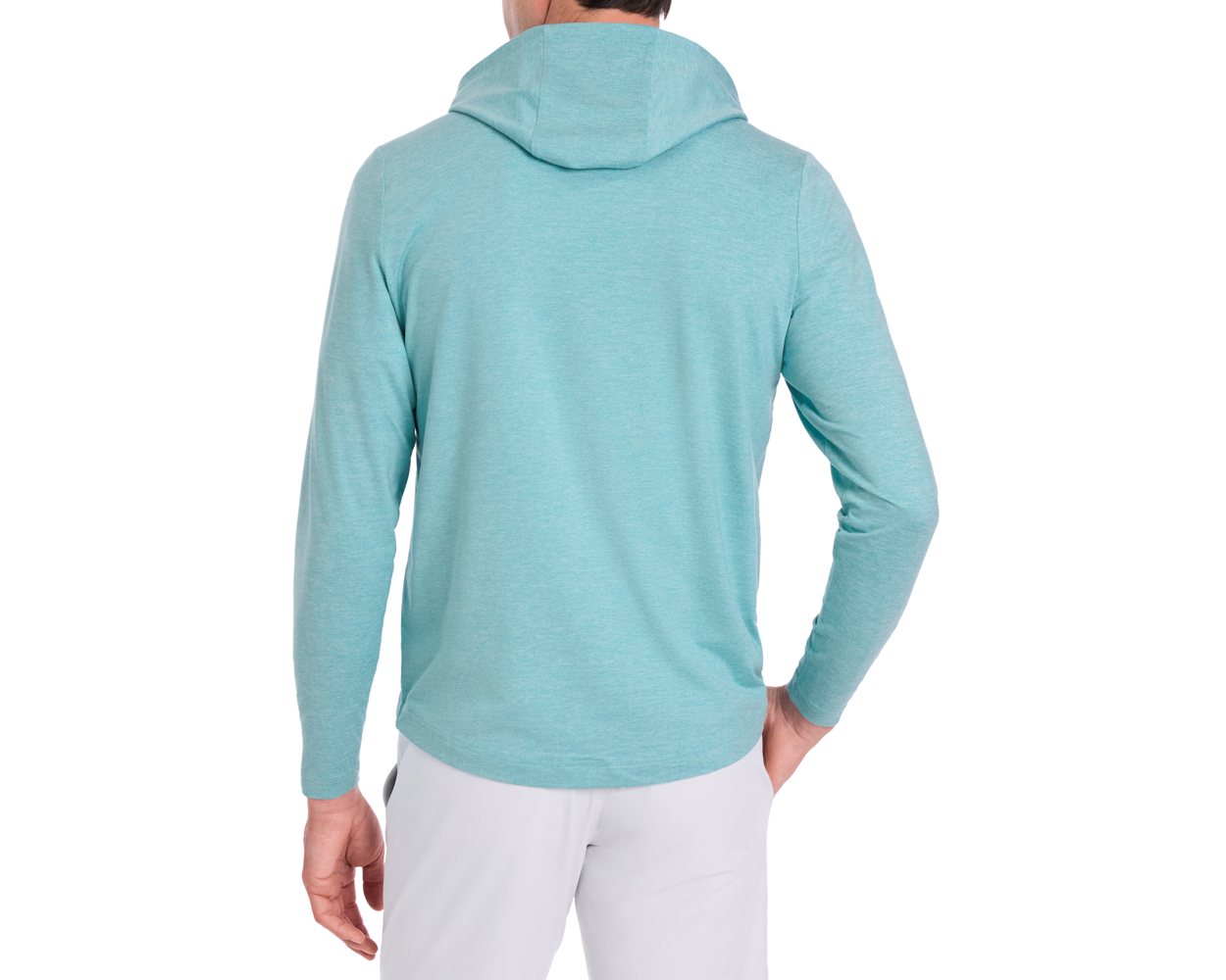 Back view of a person wearing The Stowe Hoodie: Heathered Harbor, showcasing its lightweight comfort, set-in sleeves, and drop-tail hem, ideal for layering.