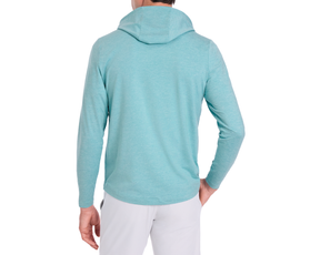Back view of a person wearing The Stowe Hoodie: Heathered Harbor, showcasing its lightweight comfort, set-in sleeves, and drop-tail hem, ideal for layering.