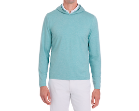 The Stowe Hoodie: Heathered Harbor shown layered over a white collared shirt, featuring set-in sleeves, drop-tail hem, and lightweight performance fabric.